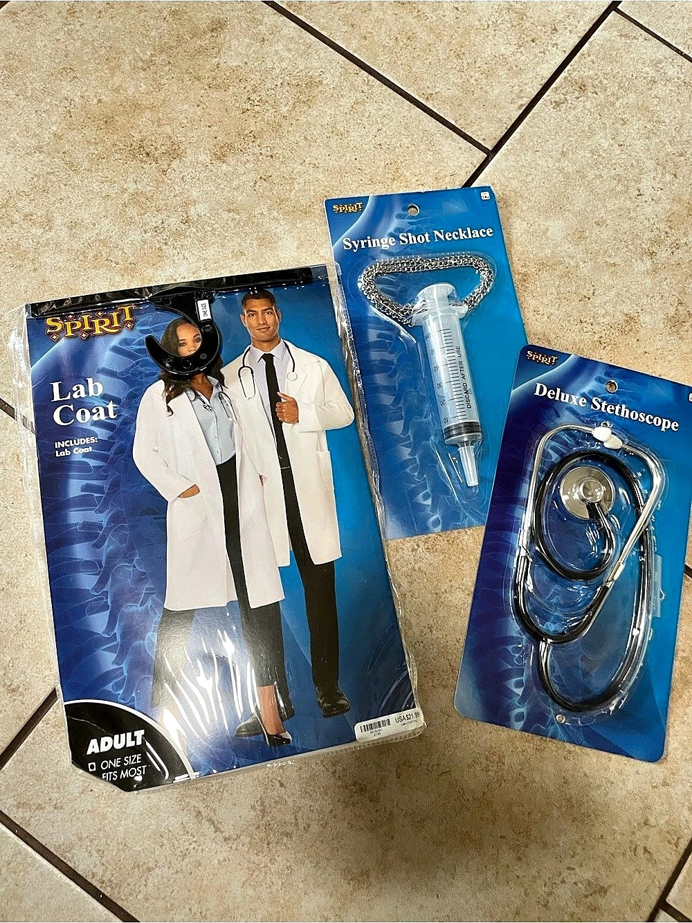 Spirit Halloween Lab Coat Costume Bundle with Syringe Shot Necklace and Deluxe